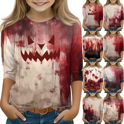 Dziecięce bluzki z rękawem 3/4, casualowy t-shirt z nadrukiem na Halloween, okrągły dekolt, pulowerowa bluzka