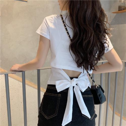 

Short-sleeved T-shirt women s clothes summer new Spice Girl halter bow leaking back short design top trendy M белый