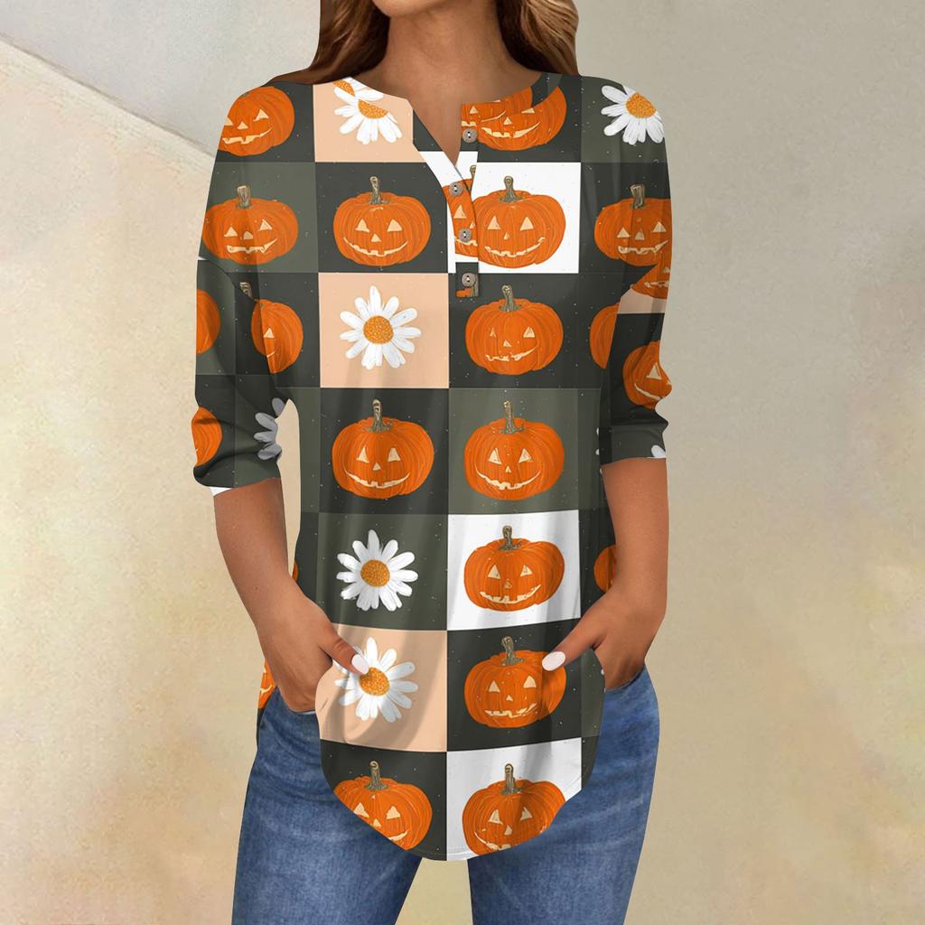 Women's Fashion Loose Button Collar Halloween Print Long Sleeve T-Shirt Top Pullover
