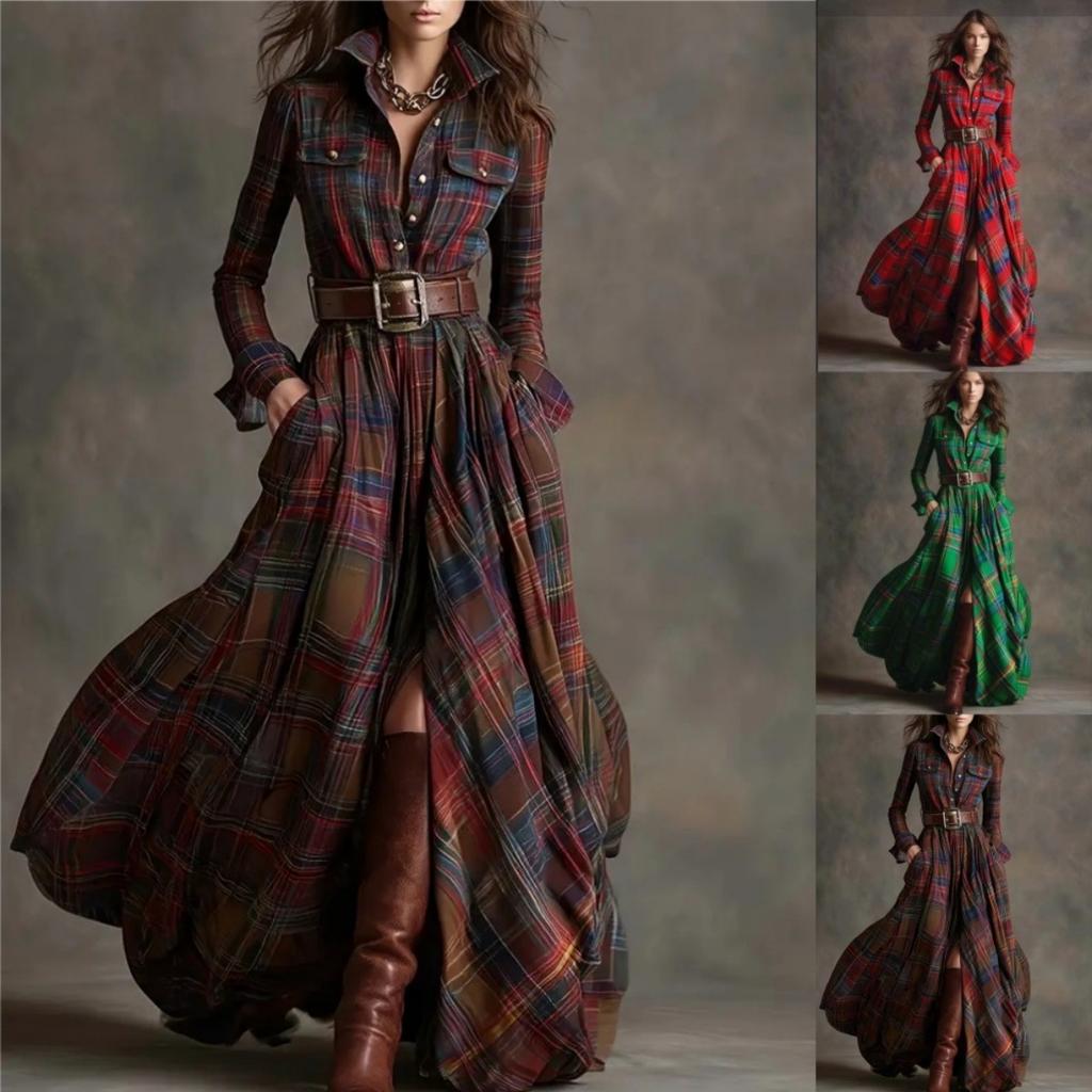 French Retro Plaid Asymmetrical Slim Dress, Women's Fashion Vintage Irregular Waist-cinching Dress for Casual Daily