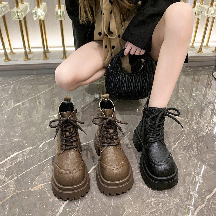 Autumn Thick Bottom Big Head Boots Fashionable and Comfortable Female Real Cowhide Short Lace-up Biker Boots