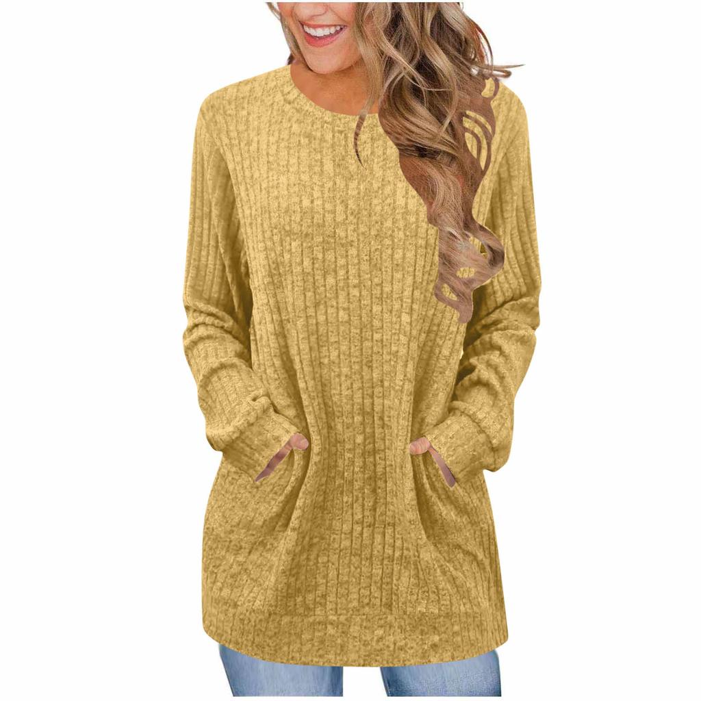 Women's Fashion Loose-Fit Round Neck T-Shirt Colour Pocketed Long-Sleeved Top