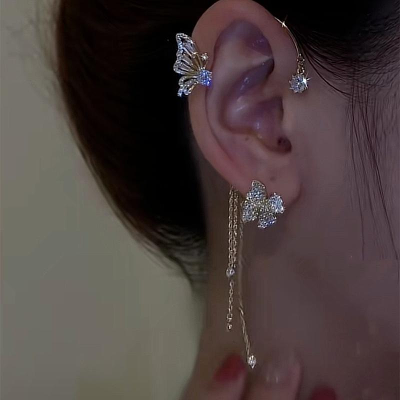 Nie przebite klipsy do uszu motyle dla kobiet błyszczące cyrkonie kolczyki dla kobiet bez przekłutych kolczyków z frędzlami ZPG