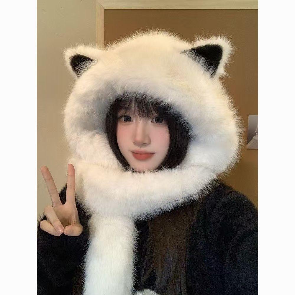 Women's Winter Plush Hat with Fox Ear Scarf - Thickened for Warmth, Ear Protection, and a Slimmer Face Look