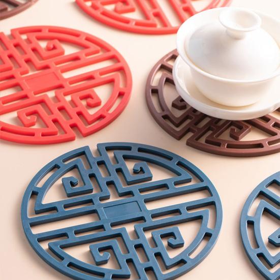 3ks/sada Podložka na nápoje Vyhloubená tepelná izolace Silikonová podložka na stůl v klasickém čínském stylu pro