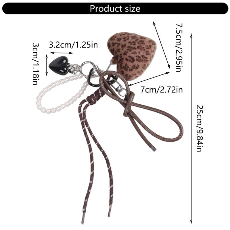 Stylish Leopard Print Plush Keychain Adorned With Artificial Leather Heart Bag Charm for Women Fashion Accessories