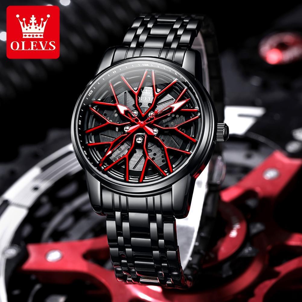 OLEVS Relógio de Pulso Masculino de Quartzo com Mostrador Rotativo 360° Fashion Roda Cubo de Roda Aro Carro Esportivo Aço Inoxidável à Prova d'Água