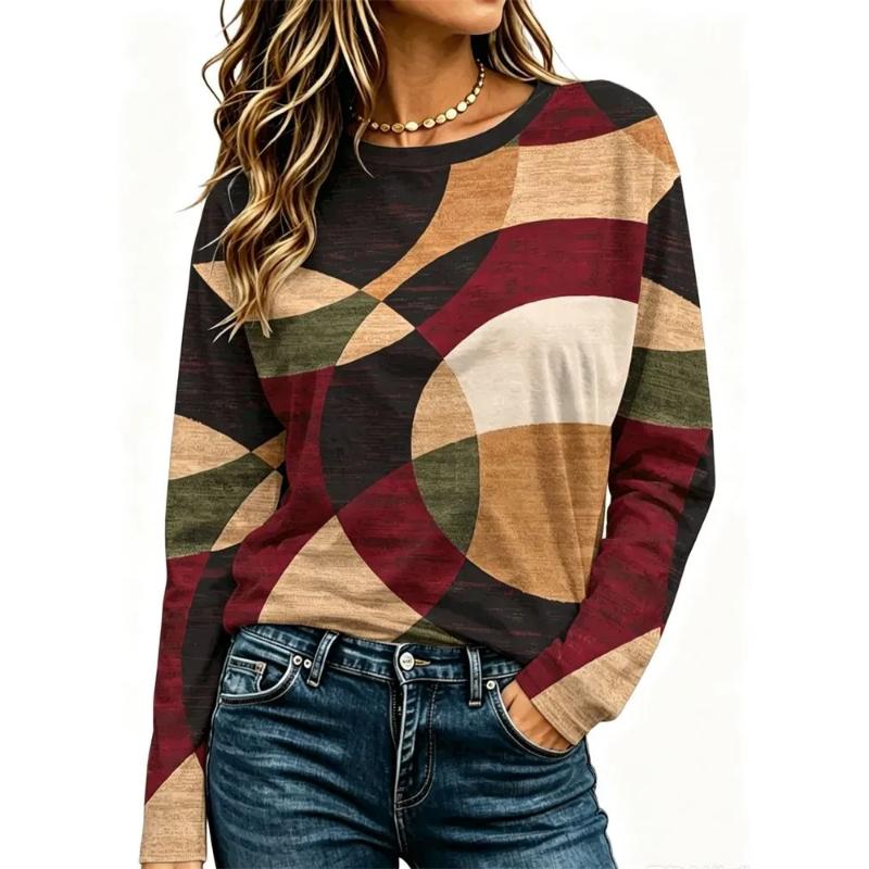 3D Casual Color Printing Casual Long SleeveFashion Women's Crew Neck Long Sleeve Crew Neck T-Shirt