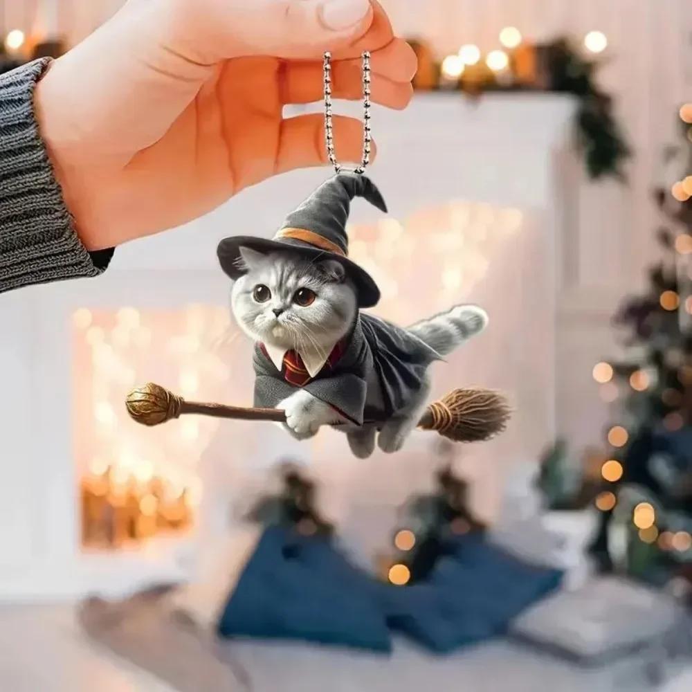 2D Acrylic Car Hanging Pendant Festive Animal Christmas Tree Decor Pendant Magic Flying Cat Car Interior Accessories