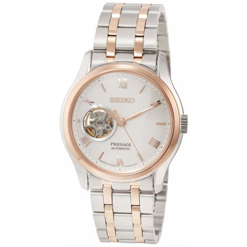 

Seiko Presage Men s Automatic Watch (with Manual Winding) with Japanese Garden Motif, Open Heart Movement, and Roman Numerals, SARY174, Pink Gold