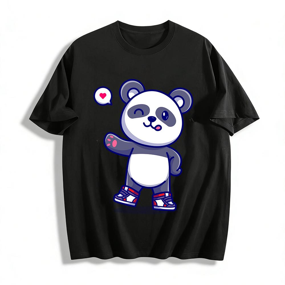 Playful Panda Print Casual Short Sleeve Unisex Loose Fit Top Pure cotton T-shirt XXS
