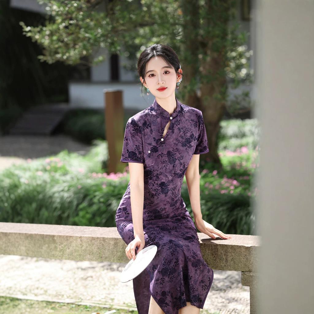 1011 Chinese Style Summer and Autumn New Improved Flocked Cheongsam Long Wedding Ceremony Daily Self-cultivation Chinese Performance