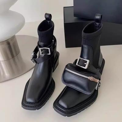Mode 2024 Marque de Luxe Femmes Métal gris Bloc Talons Hauts Bottines Femme Bout Carré Chelsea Bottes pour Dames Bottines Courtes de Haute Qualité