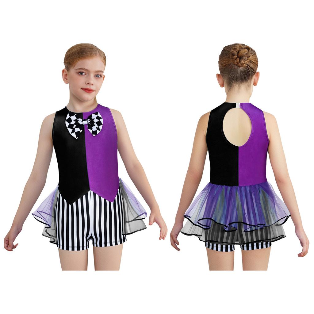 Girls Mad Costume: Sleeveless Stripes Checkerboard Bow Knot Tutu Bodysuit for Fairytale Tea Party Dress Up