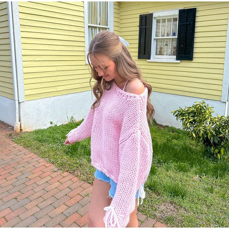 Повседневный свободный свитер женский модный бант на шнуровке косой воротник женский — фото 8