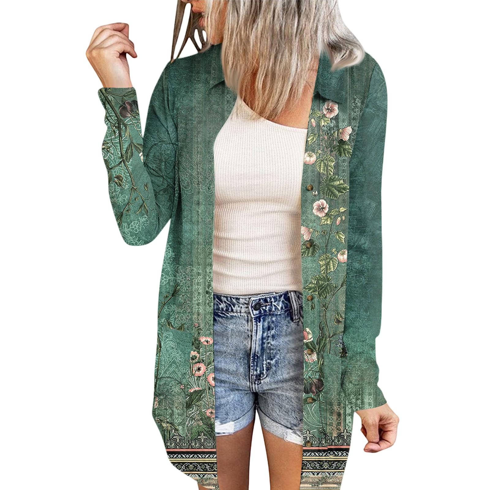 

Women s Casual Retro Floral Print Long Sleeve Mid-Length Cardigan Jacket S