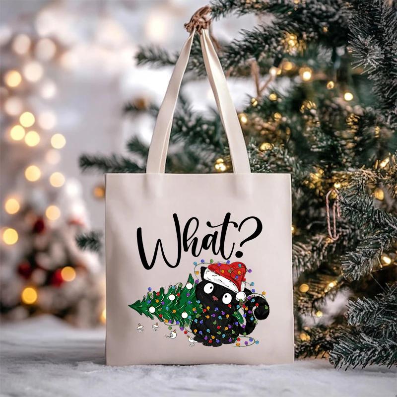 

Сумка-тоут из холста с изображением черного кота и рождественской елки, забавный рождественский подарок, сумка для покупок с героями мультфильмов, модная сумка на плечо для подростков