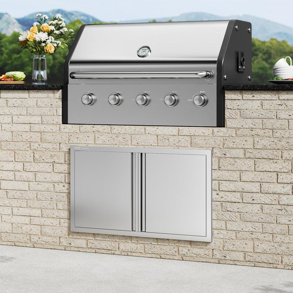 BBQ Access Door, 914x534 Mm Double Outdoor Kitchen Door, Stainless Steel Flush Mount Door, Wall Vertical Door with Recessed Handles , for BBQ Island,