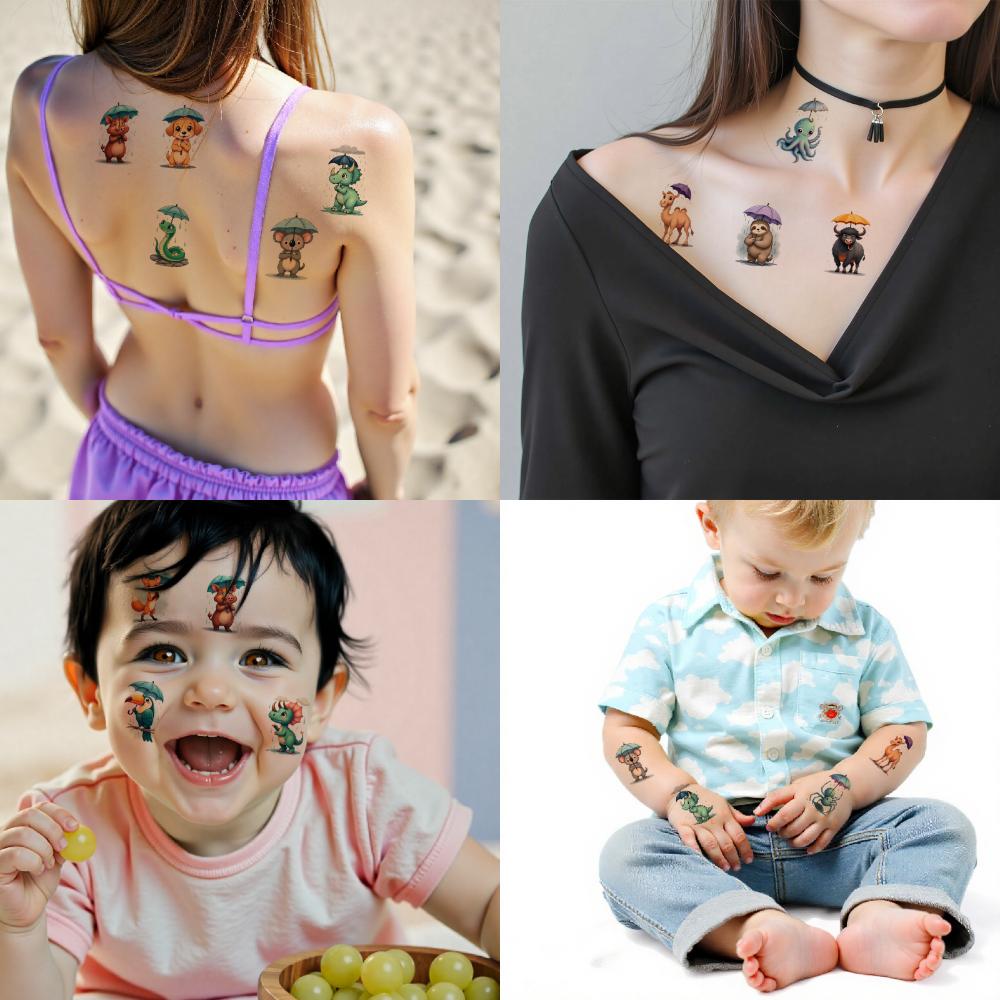 54pcs Waterproof Temporary Tattoos Kids Cute Umbrella Rain Animal Pig Fox Fake Tattoo Kawaii Body Art Arm Tattoo Stickers