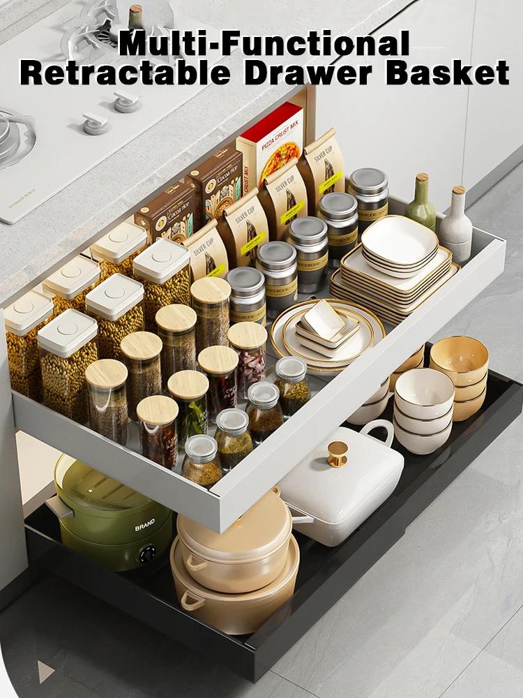 Spice Box Storage Rack Scalable Pull-out Kitchen Storage Rack Multi-Functional Retractable Drawer Basket Cabinets Organizer
