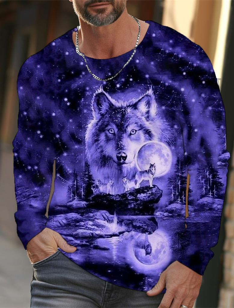 Maglietta a maniche lunghe da uomo con grafica The Wolf, per abbigliamento casual da uomo, maglietta alla moda, stampa 3D completa di animali, streetwear