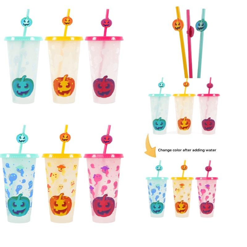 Plastic Colorchanging Cold Halloween Pumpkin Cup With Straw Capacity Large