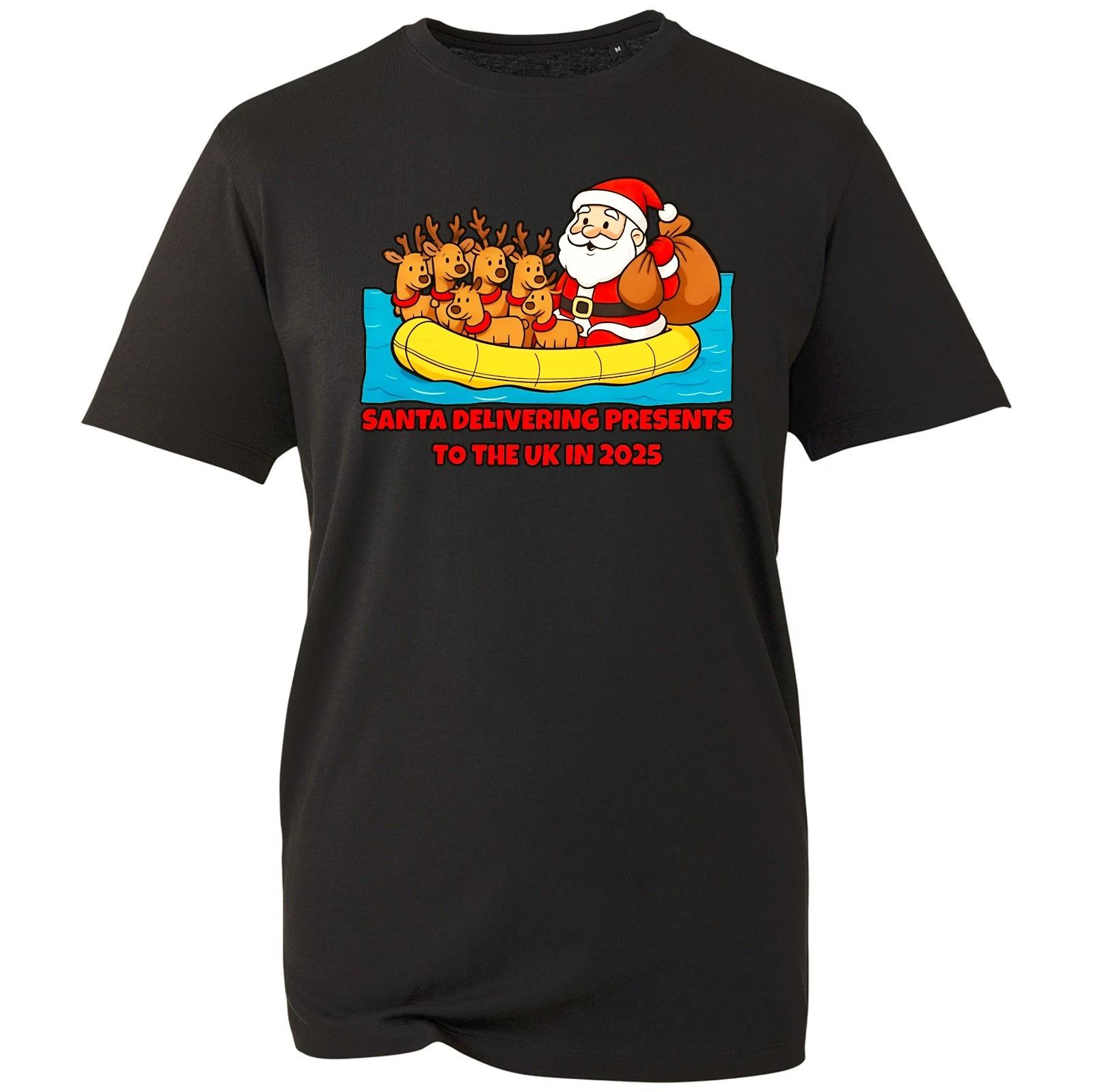 

Funny Santa Reindeer Rafting Santa Delivering Presents To The Uk In 2025 T-Shirt S