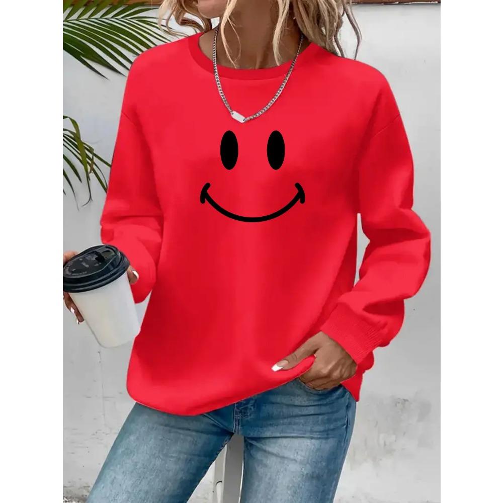 Ladies' Fashionable Cartoon Micro Smiling Face Printed Pullover, Casual