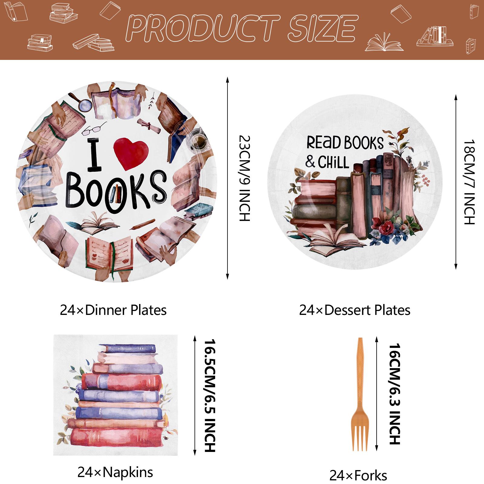 

96 Pcs Book Themed Party Decorations Tableware Set Books Lover Gift Disposable Book Club Paper Plate Napkin Fork For Guest Libra A