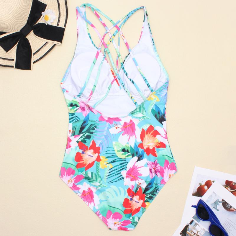 Women Printed One Piece Swimwear Sexy Backless Swimsuit V Neck Summer Beach Wear Slimming Bathing Suit S~XXL