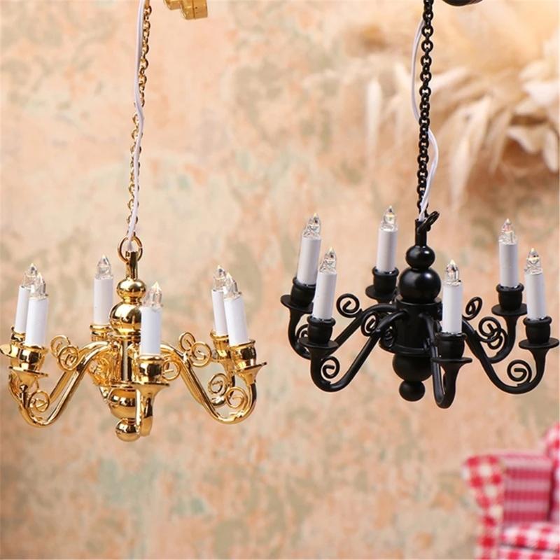 1/12 Dollhouses Chandelier 6 Head Hanging Lamp LED Light Model with Candle Light Designs for Scene Landscape Setting