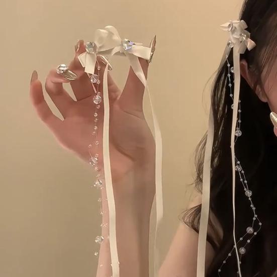 Hairpin Satin Ribbon Bowknot Decor Hair Clip with Rhinestones Glass Beads Tassels No Pull Scalp Photos Hair Accessories