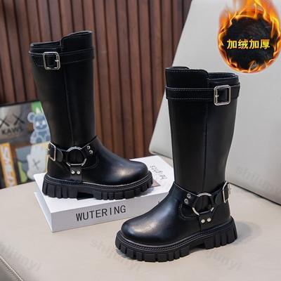 Children's Boots Winter  Warm Plush Girls High Long Boots Zip Round-toe Versatile Non-slip  Kids Causal Cotton Boots