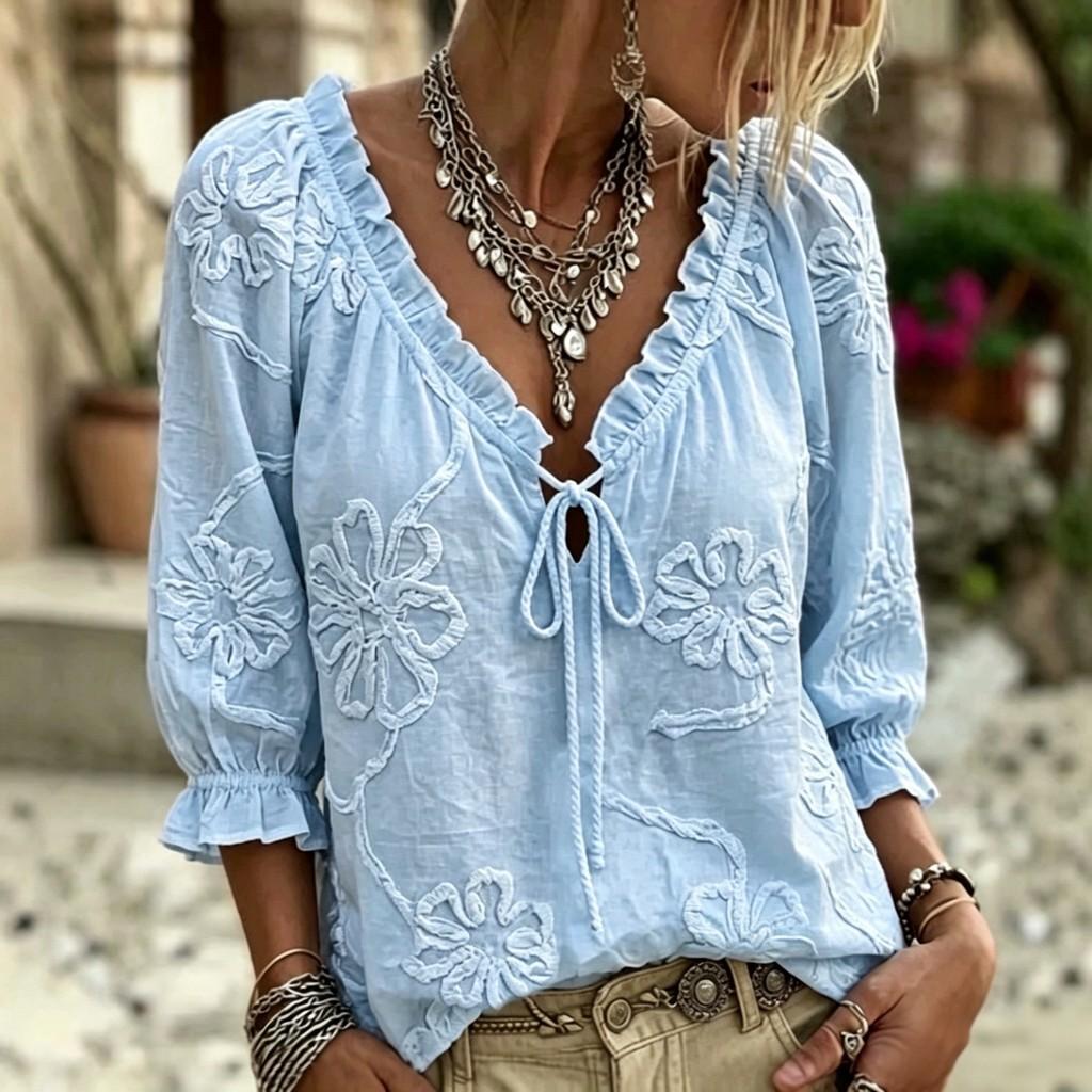 Camicetta Ricamata Floreale Vintage con Scollo a V e Dettagli a Ruffle per Uso Casual