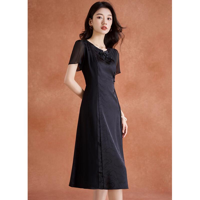 New Chinese Style Qipao Knot Button Lace Stitch Black Dress