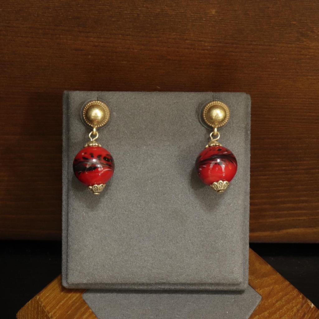 Vintage Red Frog Skin Glass Bead Earrings & Retro Bracelet Necklace Set