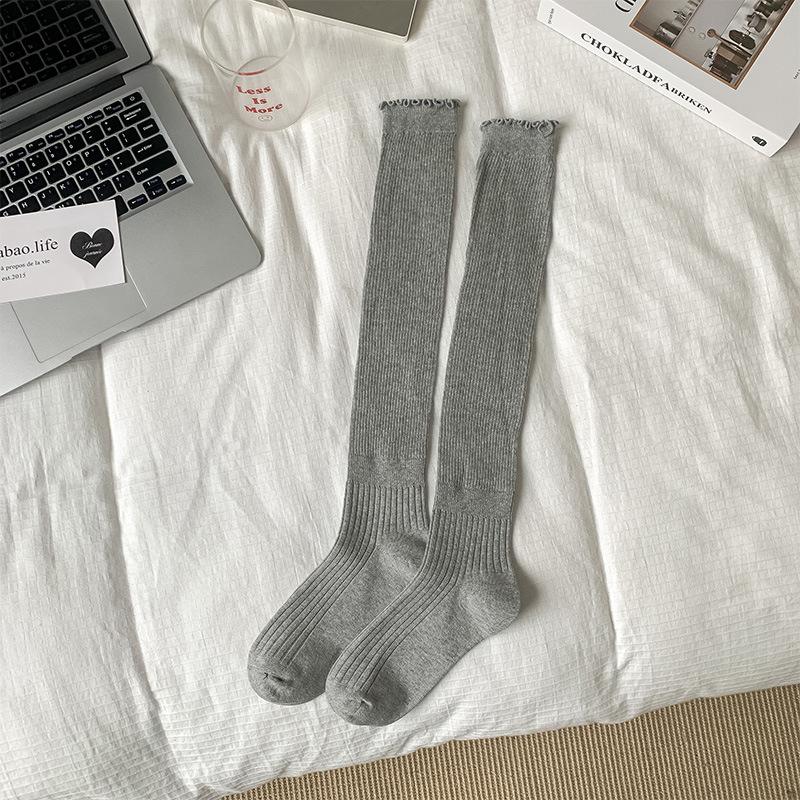Jk Japanese Style Girls Knee Socks Solid Color Black White Gray Long Socks Stockings Lolita Kawaii Ruffle Socks Women Stockings