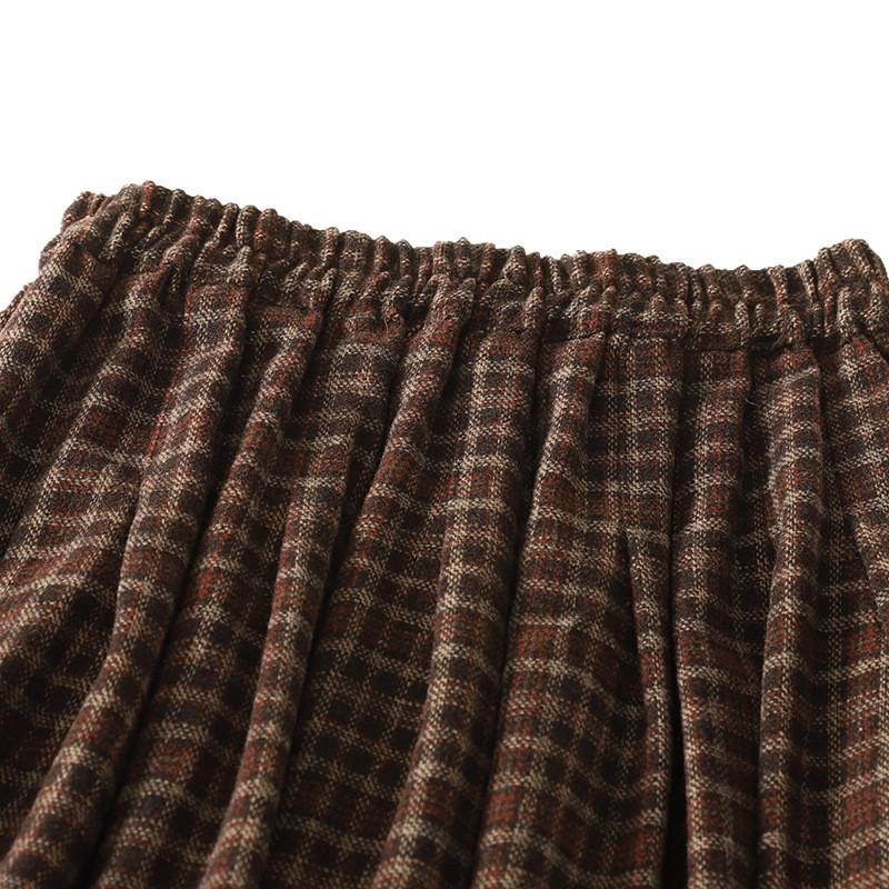 Wool Blend Elastic Waist Plaid Midi Skirt - Retro A-line for Autumn/Winter 2025