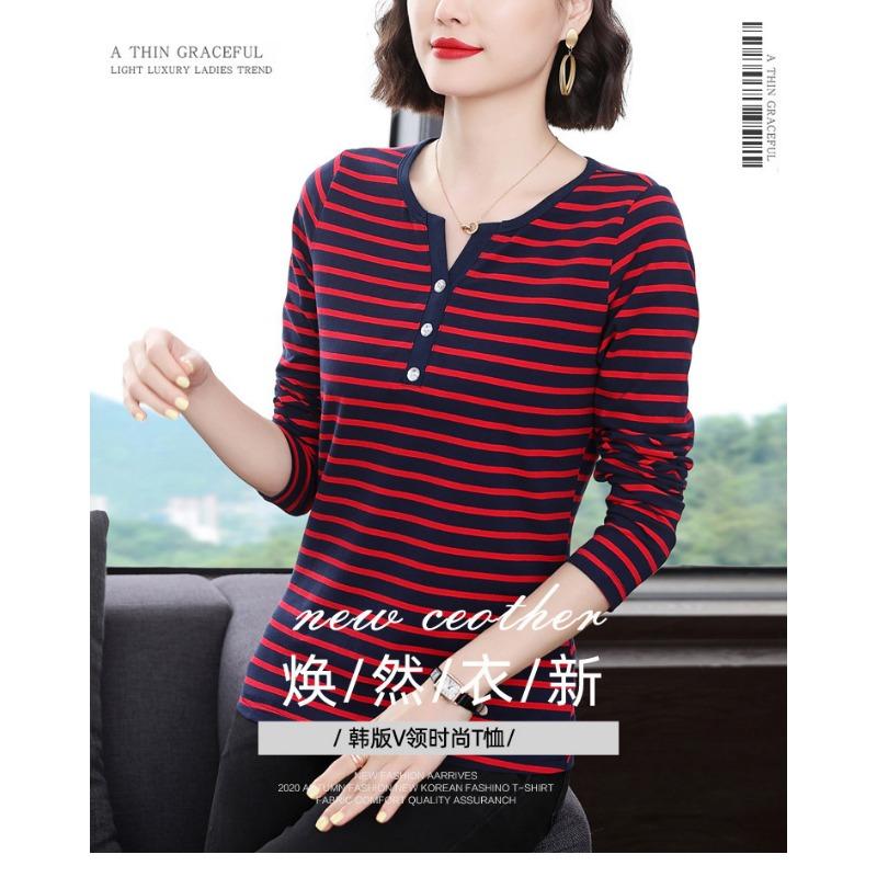 Long Sleeve Striped V Neck T Shirt Women Fitted Plus Size Casual Top