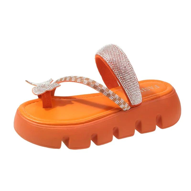 Fashion Women's Flat Slippers Toe Clip Bow Tie Rhinestones Anti-slip Slippers Shoes Leisure Beach Summer Fashion New Sandalias De Mujer