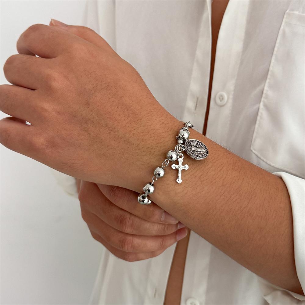 Fashionable Stainless Steel Round Bead Men's Hip-hop High-end Cross Pendant Men's Bracelet Handmade Charm Jewelry