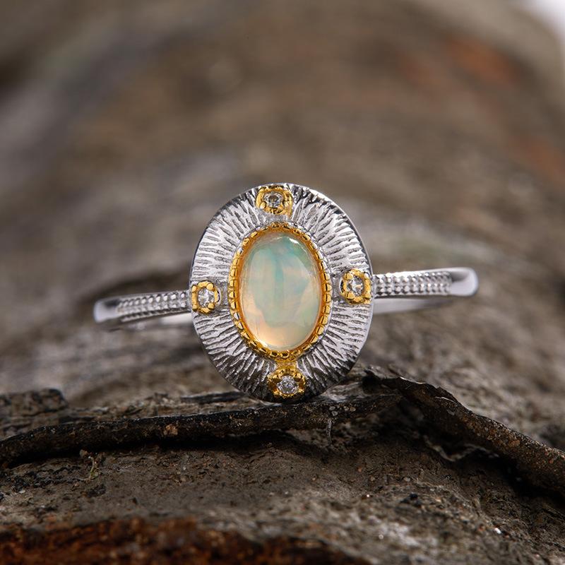 Xiaohongshu Earrings Color Treasure Ring Jewelry S925 Silver Inlaid Natural Opal Egg Surface Ring Women