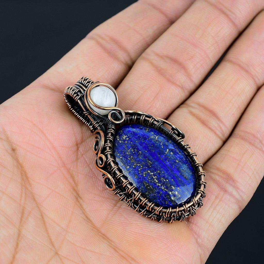 Lapis Lazuli & Moonstone Gemstone Handmade Copper Wire Wrap Jewelry Pendant For Her