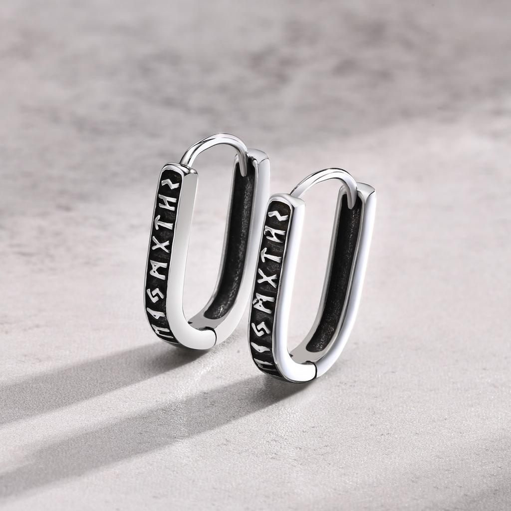Vnox Viking Runes U Style Earrings for Men, Vintage Silver Color Stainless Steel Hoop Huggie Earrings,Gifts for Him Jewelry