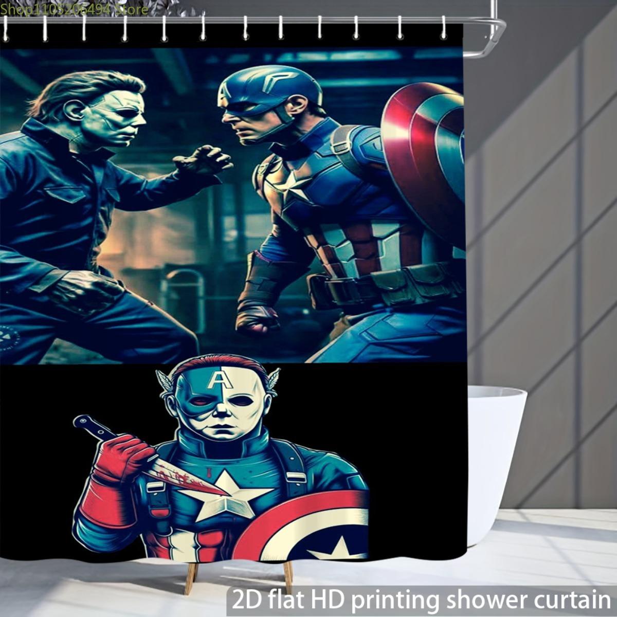 

[Open Jit] 1pc Superhero face off confrontation scene 2D flat pattern shower curtain - Halloween shower curtain with hooks - M 90x180cm