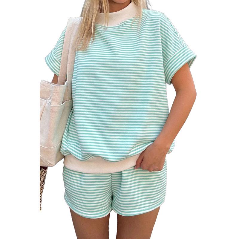 2026 Summer Women s Striped Color Block Casual Suit: Two-Piece Set with Pockets XL