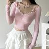 Women's Top Square Neck Lace Bow Long Sleeved Pleated T-shirt