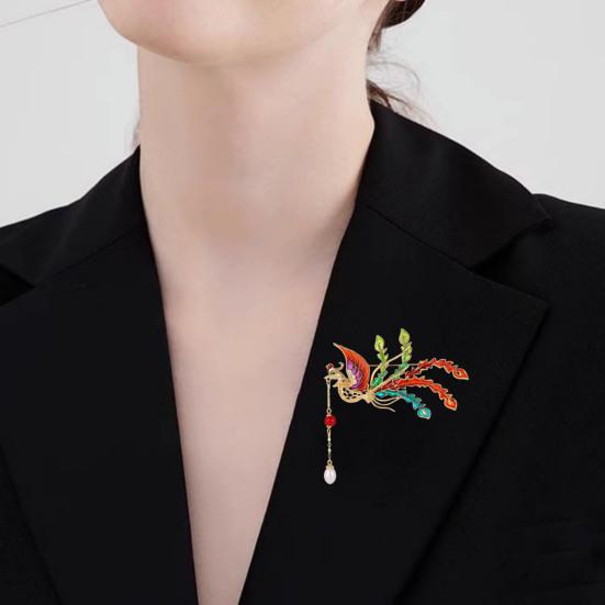Brooch Retro Style Phoenix Design Lapel Pin with Faux Pearl Tassel Sweaters Collars Hats Bags Coats Scarves Badge Outfit Accessory