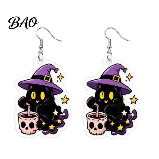 Gift for Halloween Lovers 1 Pair 2D Acrylic Earrings Women, Spooky Pumpkin Skull Trendy Cartoon Jewelry Black Cat Dangle Drop Earrings, Holiday Gifts