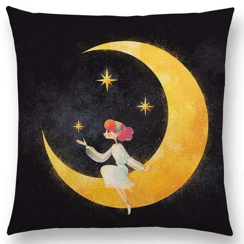 Neuankömmling Niedliche Cartoon-Tiere Kleine Katze Traum Elch Hübsches Mädchen Wald Leuchtender Stern Kissenbezug Sofa Wurfkissenbezug